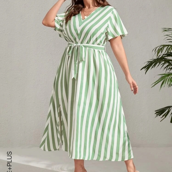 Green Striped Midi Dress - Picture 1 of 8